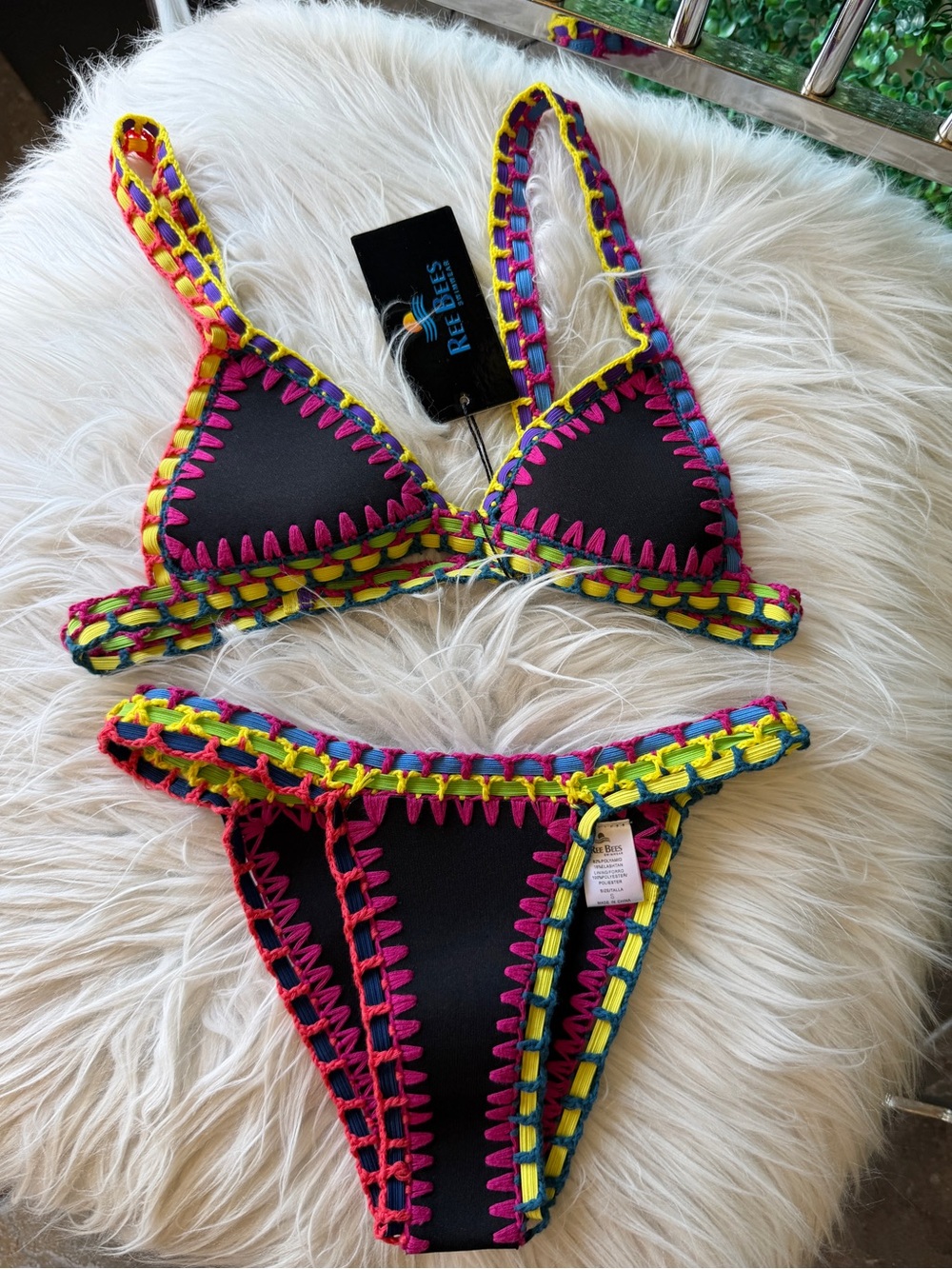 New Ree Bees Black Crochet-Trim Bikini - Multicolor